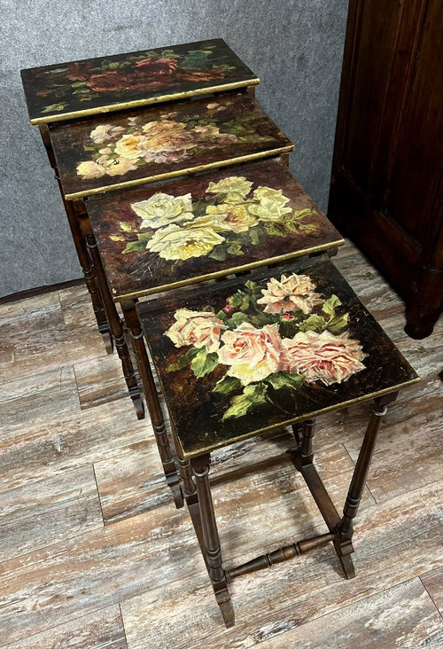 series of 4 nesting tables painted in the style of Vernis Martin circa 1880-1900