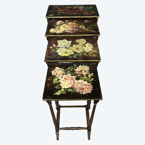 series of 4 nesting tables painted in the style of Vernis Martin circa 1880-1900