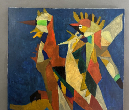 Öl auf Leinwand von Jean Billecocq, moderne Komposition mit Hähnen 1960