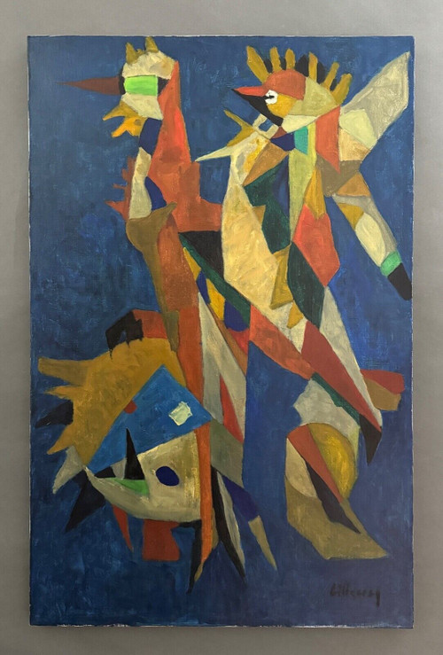 Öl auf Leinwand von Jean Billecocq, moderne Komposition mit Hähnen 1960