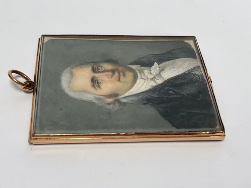 Miniature 18th century, early 19th century, man in a hand-painted frock coat, hair work