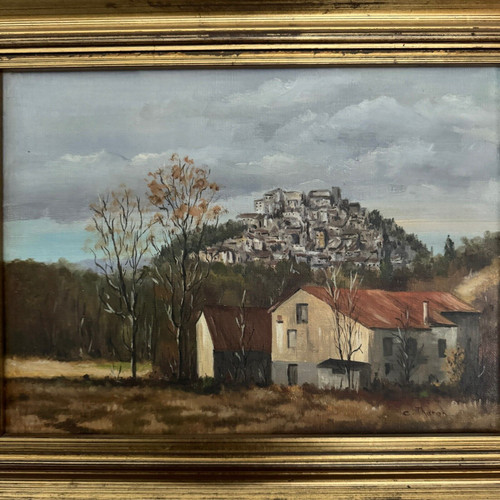 Oil on canvas by C. Theron Cordes-sur-Ciel Tarn 1991