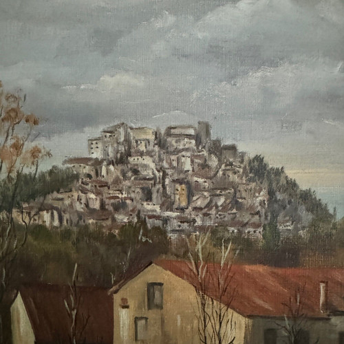 Oil on canvas by C. Theron Cordes-sur-Ciel Tarn 1991