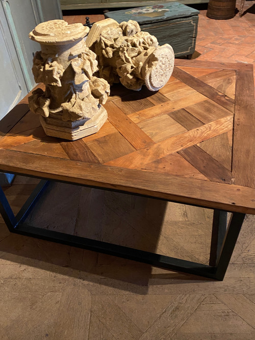 Coffee table (low) with a pretty slab of Versailles parquet dating from the 18th century