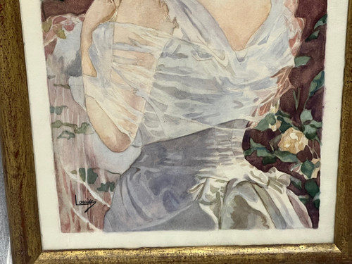 Aquarellgemälde aus dem 19. Jahrhundert, elegantes Porträt mit Taube, signiert LOUISE