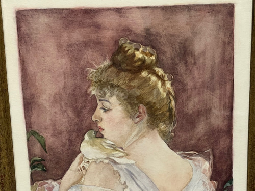 Aquarellgemälde aus dem 19. Jahrhundert, elegantes Porträt mit Taube, signiert LOUISE