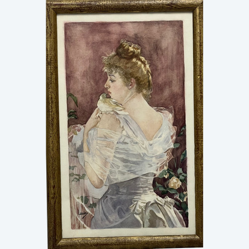 Aquarellgemälde aus dem 19. Jahrhundert, elegantes Porträt mit Taube, signiert LOUISE