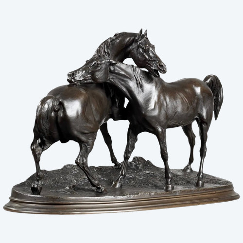 Sculpture - Groupe De Chevaux Arabes "Accolade" , Pierre-Jules Mêne (1810-1879) ​​​​​​​- Bronze