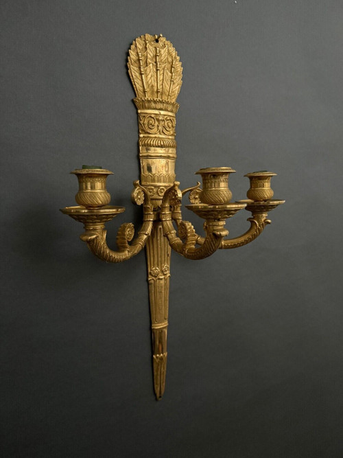 Pair of 3-light gilt bronze palmette wall lights, 19th century Restoration