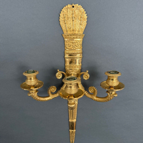 Pair of 3-light gilt bronze palmette wall lights, 19th century Restoration