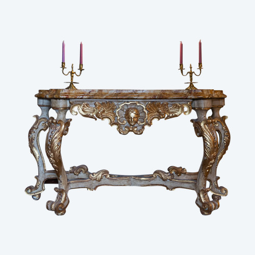 Italy 18th Century Large lacquered and gilded console top tray in imitation Sienna marble