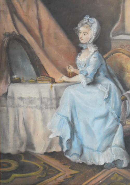 Pastel représentant scène d'intérieur avec une jeune femme devant un miroir