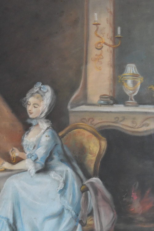 Pastel représentant scène d'intérieur avec une jeune femme devant un miroir