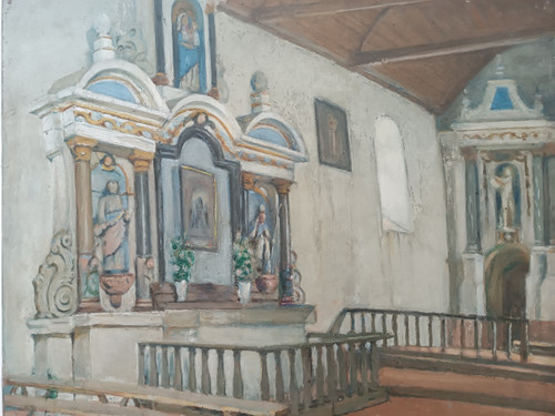 Charles BALAY (1861-1943) Tableau huile sur toile Intérieur chapelle église