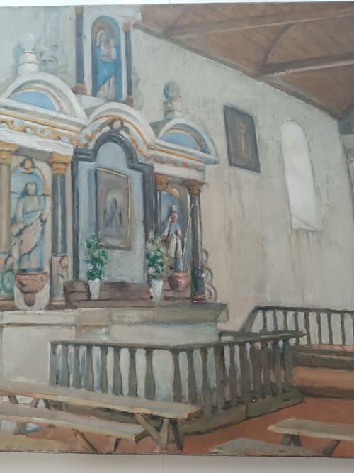 Charles BALAY (1861-1943) Tableau huile sur toile Intérieur chapelle église