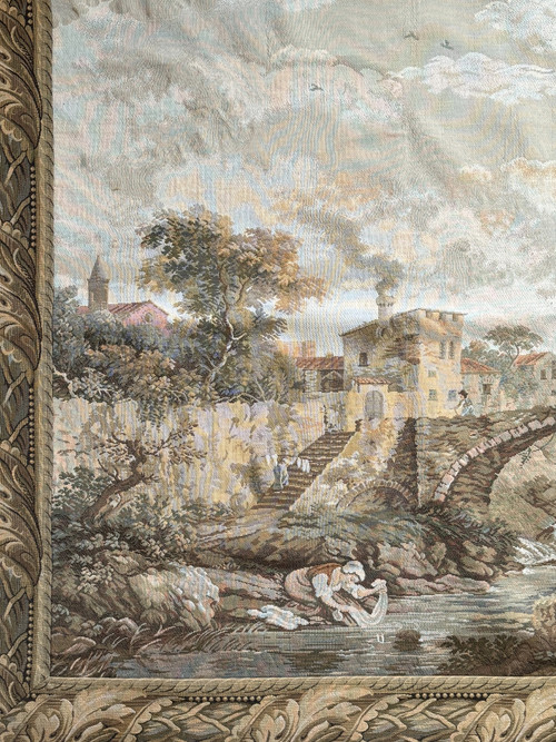 Mechanical tapestry depicting an animated landscape around a village