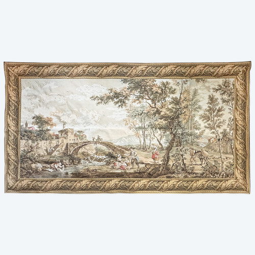 Mechanical tapestry depicting an animated landscape around a village