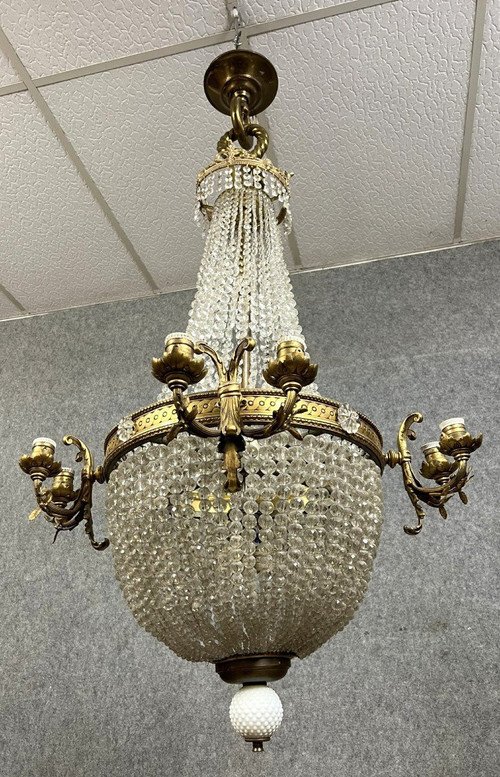 Napoleon III period hot air balloon chandelier in gilded bronze and crystal circa 1880 / h 138 cm