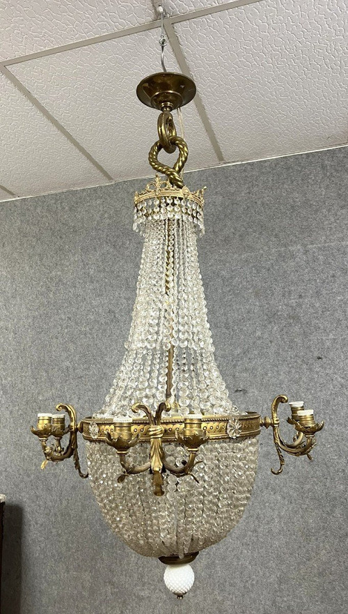 Napoleon III period hot air balloon chandelier in gilded bronze and crystal circa 1880 / h 138 cm