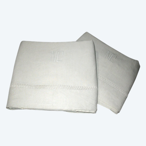 Pair of linen thread sheets with lace border NC initials, perfect condition: 240 x 300 cm