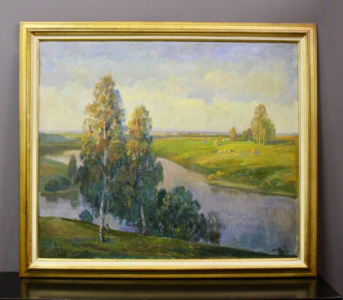 Bedeutende Öl-auf-Leinwand-Landschaft am Fluss Russische Schule XX