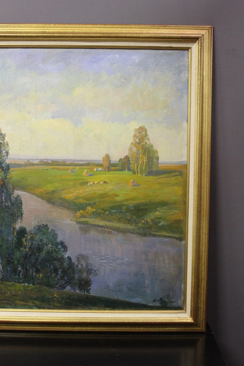 Bedeutende Öl-auf-Leinwand-Landschaft am Fluss Russische Schule XX