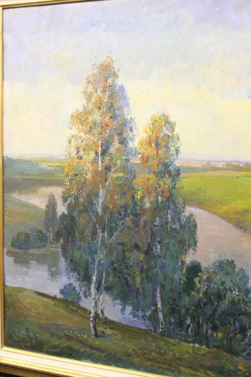 Bedeutende Öl-auf-Leinwand-Landschaft am Fluss Russische Schule XX