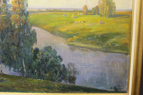 Bedeutende Öl-auf-Leinwand-Landschaft am Fluss Russische Schule XX