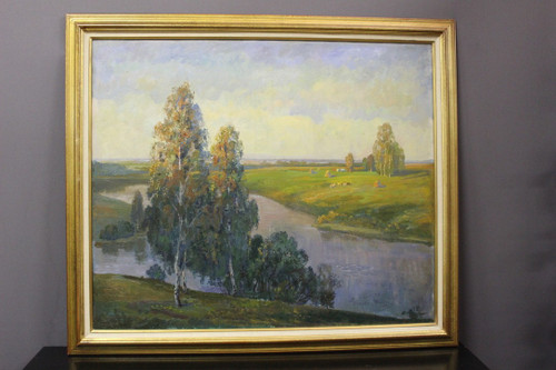 Bedeutende Öl-auf-Leinwand-Landschaft am Fluss Russische Schule XX