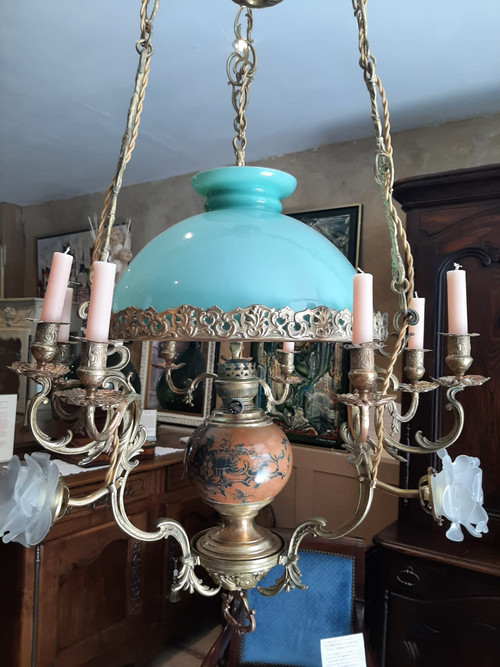 Matador Oil and Candle Hanging Chandelier in Bronze and Opaline Napoleon III - 19th Century