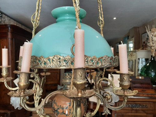 Matador Oil and Candle Hanging Chandelier in Bronze and Opaline Napoleon III - 19th Century