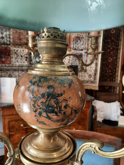 Matador Oil and Candle Hanging Chandelier in Bronze and Opaline Napoleon III - 19th Century