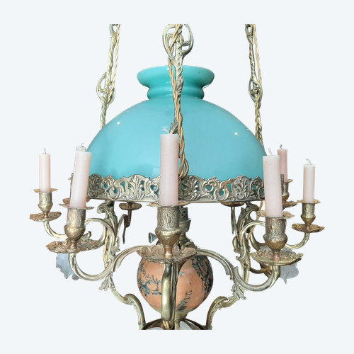 Matador Oil and Candle Hanging Chandelier in Bronze and Opaline Napoleon III - 19th Century