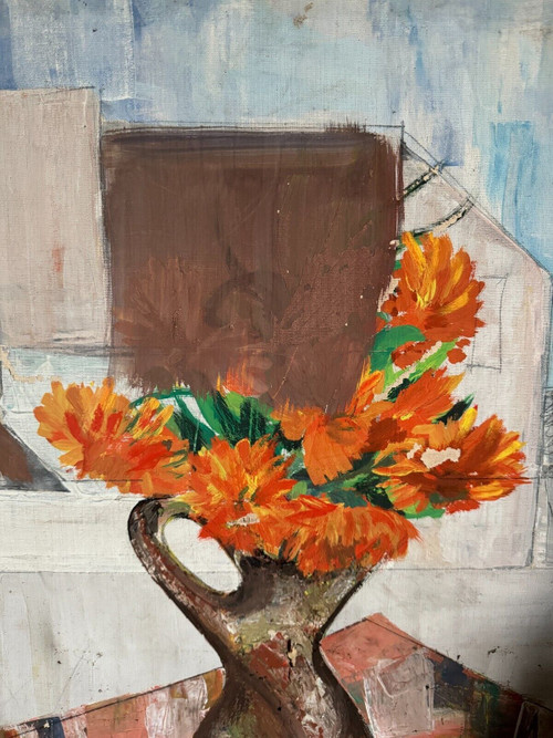 Oil on canvas still life bouquet of flowers mid 20th century