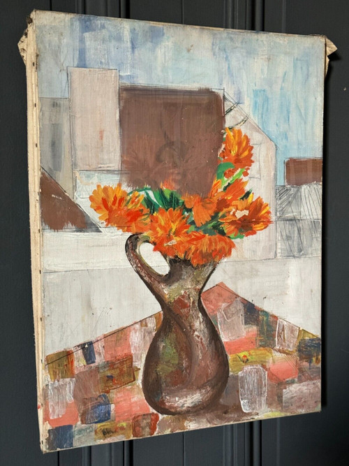 Oil on canvas still life bouquet of flowers mid 20th century