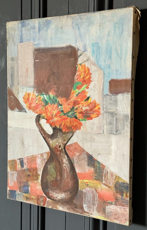 Oil on canvas still life bouquet of flowers mid 20th century