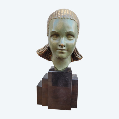 M Bouraine, Testa di giovane donna, Bronzo, Art Déco, XX secolo