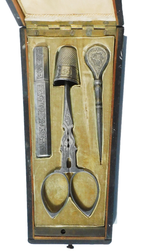 sewing kit box embroidery scissors antique lace engraved steel Napoleon III