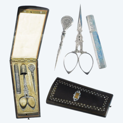 sewing kit box embroidery scissors antique lace engraved steel Napoleon III