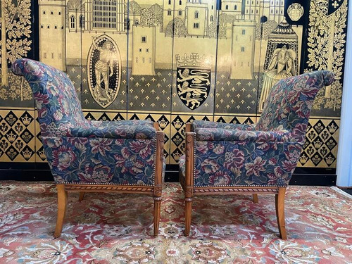 Pair of Louis XVI style armchairs - bergeres with flowers