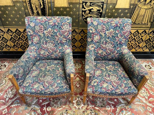 Pair of Louis XVI style armchairs - bergeres with flowers