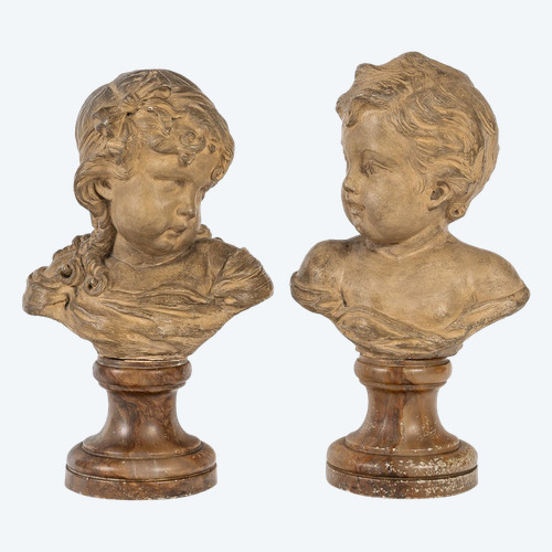 Dopo Jean-Antoine Houdon (1741-1828) - Coppia di busti di bambini in terracotta XIX secolo