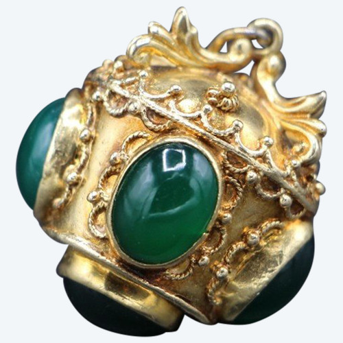 Large Pendant Featuring A Gold Crown Embellished With Green Stone, Renaissance Style