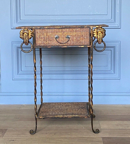 Small piece of furniture in rattan and gilded metal decorated with elephants 1970 one drawer