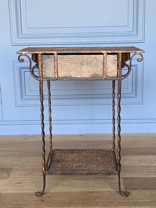 Small piece of furniture in rattan and gilded metal decorated with elephants 1970 one drawer