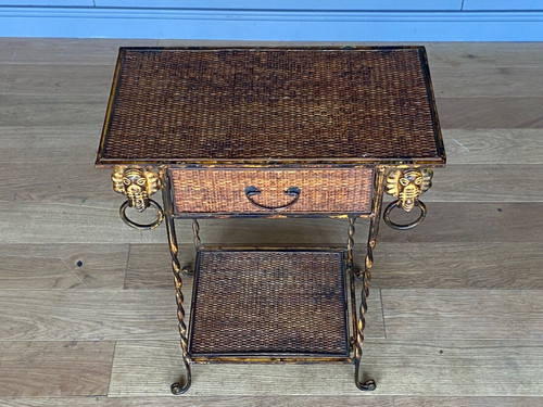 Small piece of furniture in rattan and gilded metal decorated with elephants 1970 one drawer