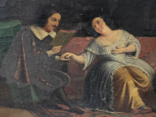 Huile sur toile scène d'intérieur XVIIe époque XIXe courtisans