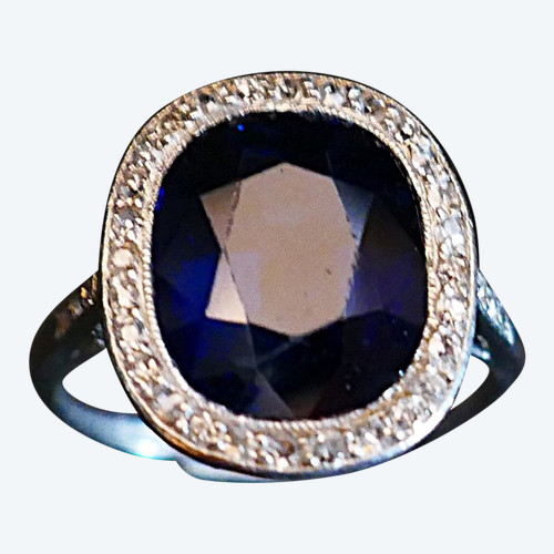 Ring Saphir 6,8 Karat Und Diamanten, Platinfassung. Zertifikat.