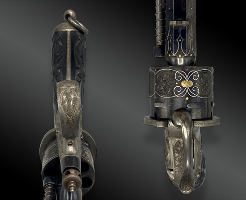 Necessary case with a luxurious CHAMELOT DELVIGNE Pinfire Revolver. FRANCE XIXth century