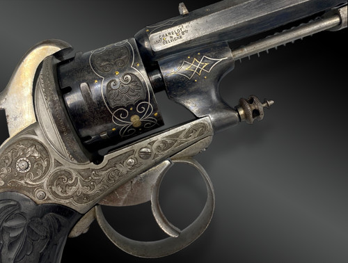 Necessary case with a luxurious CHAMELOT DELVIGNE Pinfire Revolver. FRANCE XIXth century